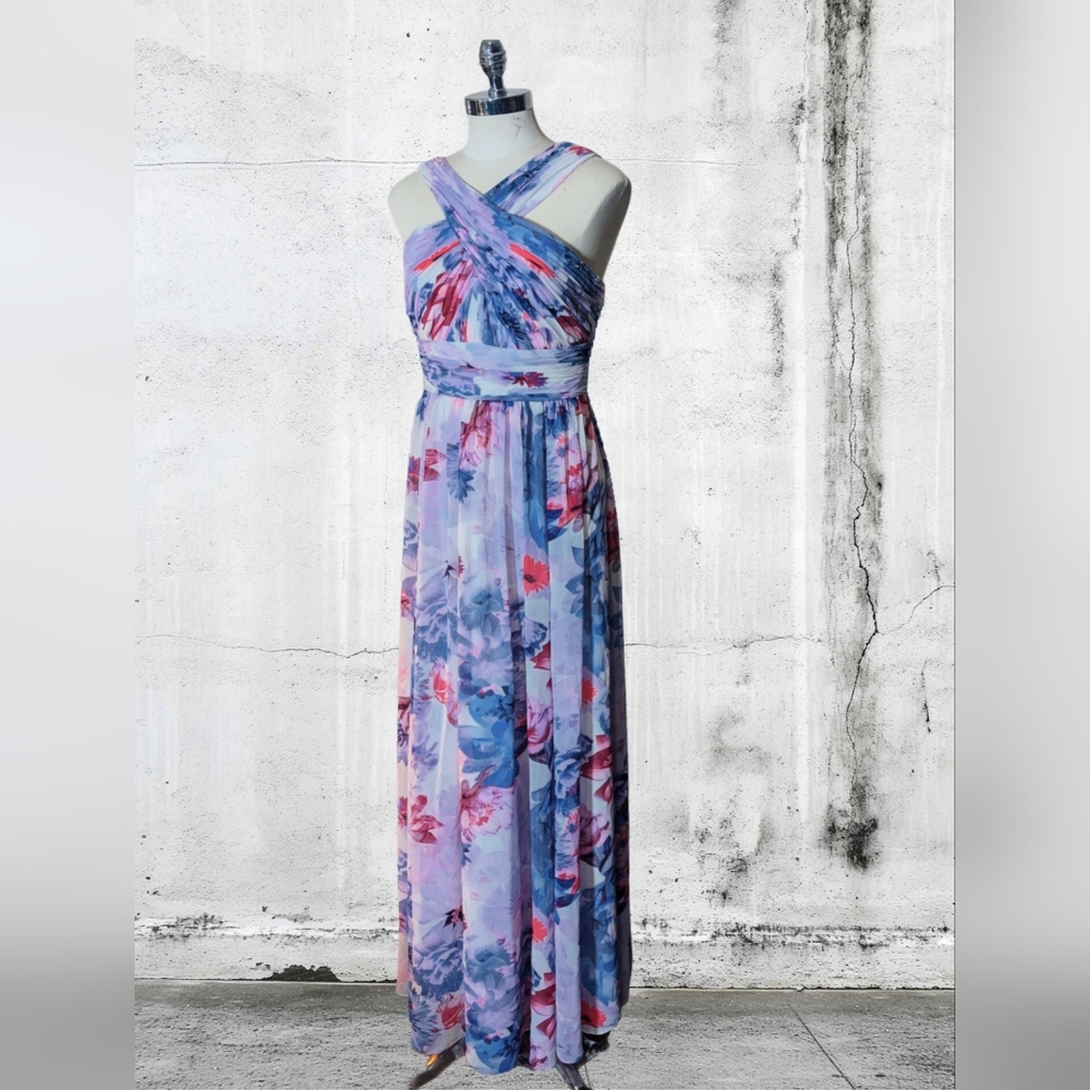 Emergency Bridesmaid Calvin Klein Floral Purple, Pink and Blue Draped Maxi Dress